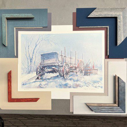 A painting of an old car in the snow.